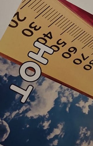 Tarjeta de weather flashcards con una foto de un termómetro marcando temperatura alta y la palabra "HOT" para enseñar vocabulario del clima en inglés.